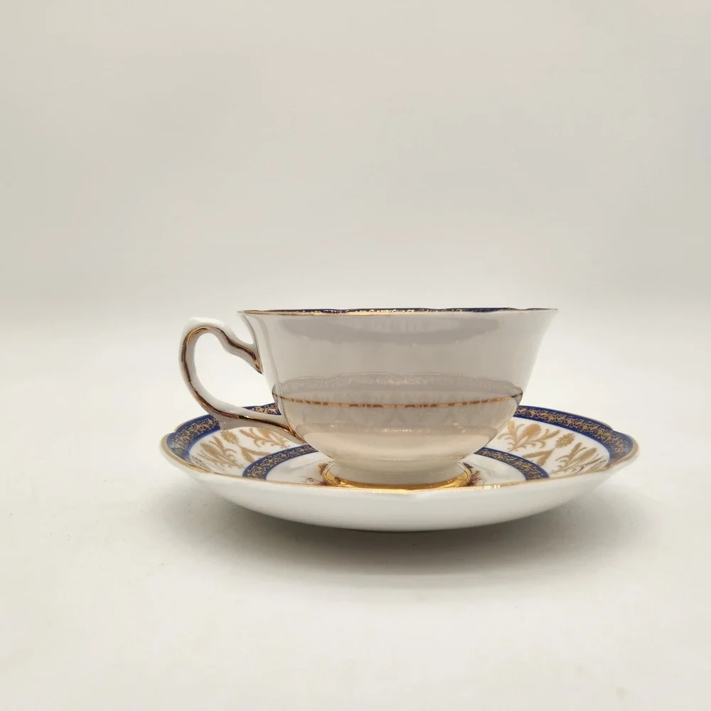 Royal Grafton Rare Fine Bone China 1840 Tea Cup Saucer Cobalt Blue Gilded Floral